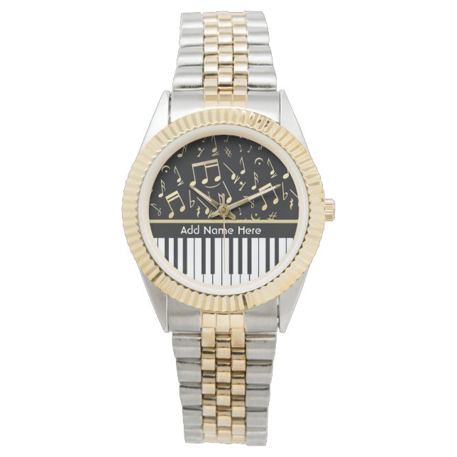 Relógio Notas Musicais e Chaves Pianas Pretas e Douradas (Frente)