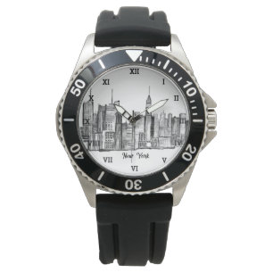 Relógio Nova Iorque Black Modern Skyline Viagem NYC Watt