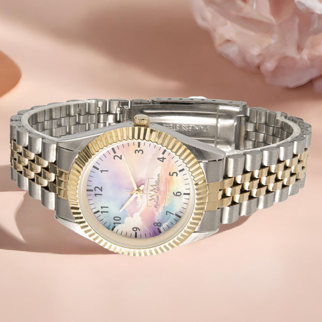 Relógio Nuvens de Aquarelas Nome do Monograma Dourado Pret (Criador carregado)