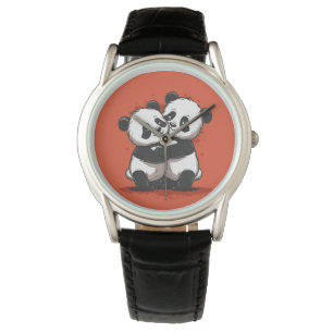Relógio O Clássico Pandas do Couro Negro Clássico dos Home