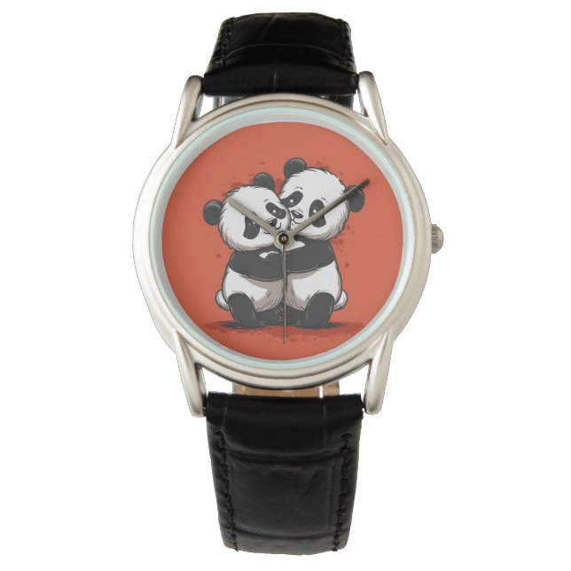 Relógio O Clássico Pandas do Couro Negro Clássico dos Home (Frente)