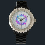 Relógio *~* O lótus preto das mulheres na nova idade Manda<br><div class="desc">* Esta nova era design espiritual do Crystal Rhinestone Black Enamel Watch apresenta uma forte face de relógio azul-turquesa de cor magenta-lótus mandala cristal rhinestone. A mandala tem um símbolo om no centro. Adicione paz e boa energia ao seu dia, com um estilo mais energético, estilo muito zen, novo design...</div>