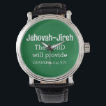 Relógio O Senhor Irá Proporcionar Bíblia Verso Verde Escur<br><div class="desc">Este belo relógio apresenta um dos nomes de Deus,  Jeová-Jireh,  que significa que o Senhor irá fornecer,  juntamente com o verso Bíblia que acompanha o livro de Gênesis.</div>