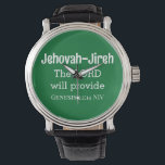 Relógio O Senhor Irá Proporcionar Bíblia Verso Verde Escur<br><div class="desc">Este belo relógio apresenta um dos nomes de Deus,  Jeová-Jireh,  que significa que o Senhor irá fornecer,  juntamente com o verso Bíblia que acompanha o livro de Gênesis.</div>