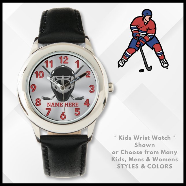 Relógio Observatório Personalizado de Hockey para Crianças (Hockey Wrist Watch for Boys, Girls, Men or Women. Custom, Hockey Watches. Personalized Hockey Gifts.)