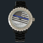 Relógio *~* Oficial da Polícia de Bandeira Azul fino de us<br><div class="desc">* Timepiece Espetando o Relógio Negro de Esmalte feminino, tipo Diamante. * O design é um design da Polícia Dedicado do Sinalizador de Linha Azul Fino. A bandeira está em uma diagonal. * Este design apresenta a bandeira americana Flag American também conhecida como Velha Glória e Estrelas e Stripes. É...</div>
