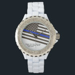 Relógio *~* Oficial da Polícia de Sinalizador Azul Fino da<br><div class="desc">* Timepiece Apelente Semelhante a Diamante Mulheres Rinoestone White Enamel Strap Watch. * O design é um design da Polícia Dedicado do Sinalizador de Linha Azul Fino. A bandeira está em uma diagonal. * Este design apresenta a bandeira americana Flag American também conhecida como Velha Glória e Estrelas e Stripes....</div>