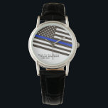 Relógio *~* Oficial de Polícia da Mulher Marinha Azul Fino<br><div class="desc">* Timepiece Policial Clássico de Colmeia Negra Vigia da Mulher. * O design é um design da Polícia Dedicado do Sinalizador de Linha Azul Fino. A bandeira está em uma diagonal. * Este design apresenta a bandeira americana Flag American também conhecida como Velha Glória e Estrelas e Stripes. É alterada...</div>