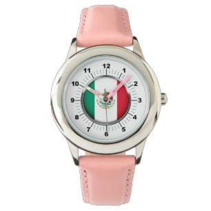 Relógio Olhal cor-de-couro rosa com bandeira mexicana
