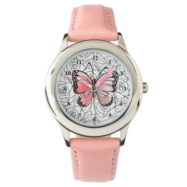 Relógio Olhar borboleta rosa com Rosas (Frente)