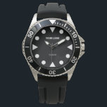 Relógio Olhar inspirado para mergulhar com pontos grandes<br><div class="desc">Mergulhar o relógio inspirado com o bezel preto de 60 minutos. 100 metros resistentes à água 10 ATM. Crie seu próprio nome personalizado relógio desportivo de quartzo. Moderno, nenhum mergulhador de números inspirou design de discagem de relógio com pontos redondos em negrito para dizer o tempo. Adicione seu próprio nome...</div>