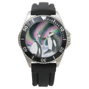 Relógio Orca Whales Galaxy Northern Lights Watercolor