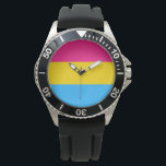 Relógio Orgulho Pansexual (Bandeira Pan)<br><div class="desc">Este design apresenta a Bandeira do Orgulho Pansexual, que foi projetada como um símbolo para representar a comunidade pansexual. É semelhante à bandeira LGBT do arco-íris, que é usada como símbolo para lésbicas, gay, bissexuais, transgêneros e qualquer outra pessoa na comunidade. A bandeira é usada para aumentar a visibilidade e...</div>