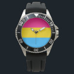 Relógio Orgulho Pansexual (Bandeira Pan)<br><div class="desc">Este design apresenta a Bandeira do Orgulho Pansexual, que foi projetada como um símbolo para representar a comunidade pansexual. É semelhante à bandeira LGBT do arco-íris, que é usada como símbolo para lésbicas, gay, bissexuais, transgêneros e qualquer outra pessoa na comunidade. A bandeira é usada para aumentar a visibilidade e...</div>