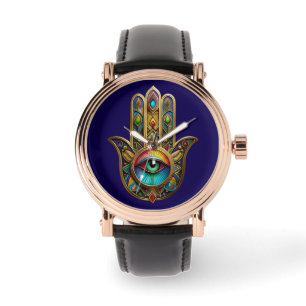 Relógio Ornate Dourado Colorido Hamsa Verde no Terceiro Ol