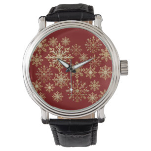 Relógio Ouro de Natal e Floco de Neve Vermelho