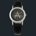 Relógio Ouro Preto Moderno Nome Monograma Feminino em Rótu<br><div class="desc">Relógio com Monograma de Rótulo Simples Preto e Dourado. Este é o presente perfeito para formatura,  aniversário,  casamento,  chá de noiva,  aniversário de casamento,  chá de bebê ou festa de despedida de solteira para alguém que ama luxo e estilos chiques.</div>