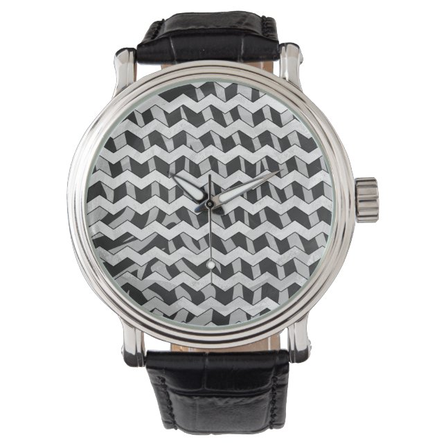 Relógio Padrão Chevron Zebra preto e Cinza (Frente)