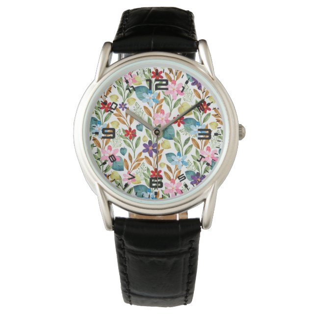 Relógio Padrão das flores de aquarela-67666 (Frente)