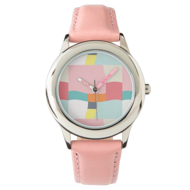 Relógio padrão de cor feliz - rosa, turquesa, laranja, (Frente)