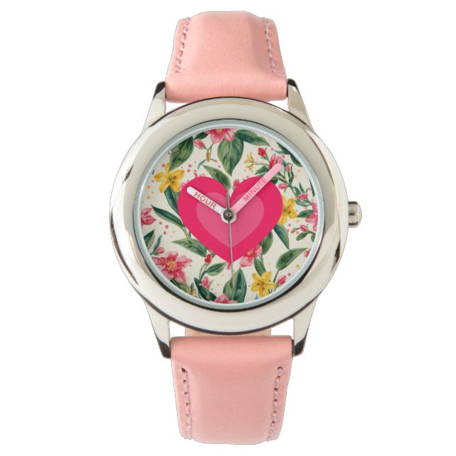 Relógio Padrão de Coração de Amor Rosa e Flores (Frente)