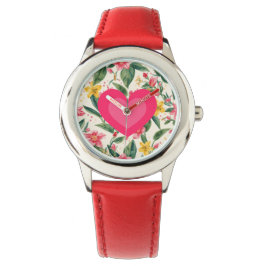 Relógio Padrão de Coração de Amor Rosa e Flores