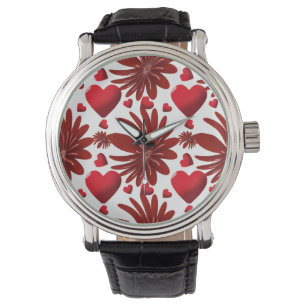 Relógio Padrão de Coração Floral Vermelho Estético Românti