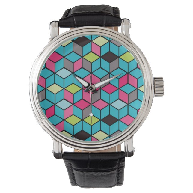 Relógio Padrão de Cubo Turquesa e Rosa (Frente)