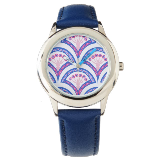 Relógio padrão de damasco floral azul (Frente)