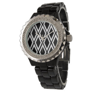 Relógio Padrão de Diamante Preto e Branco Ousado