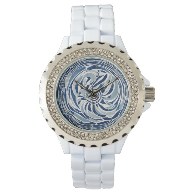 Relógio Padrão de espiral branco azul 02 (Frente)