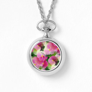 Relógio Padrão de Flor Elegante, Rosa e Branco