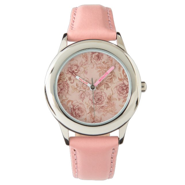 Relógio Padrão de Flores Rosas Elegantes, Dourado Rosa (Frente)