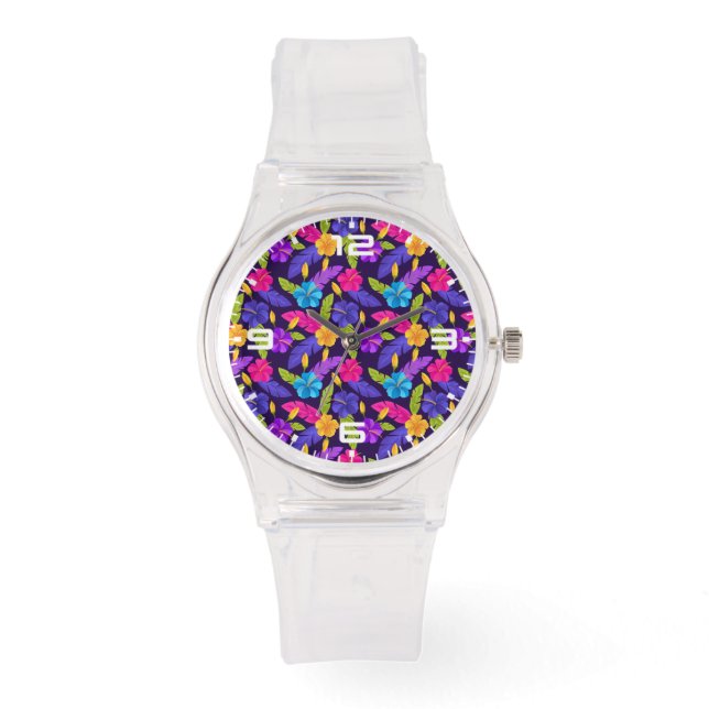 Relógio Padrão de Folhas e Flores Tropicais-23857 (Frente)