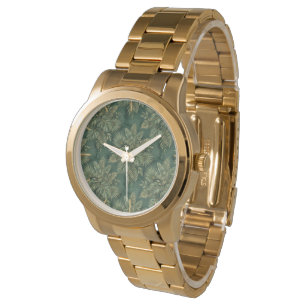 Relógio Padrão de Folhas Tropicais Verde Luxo Dourado