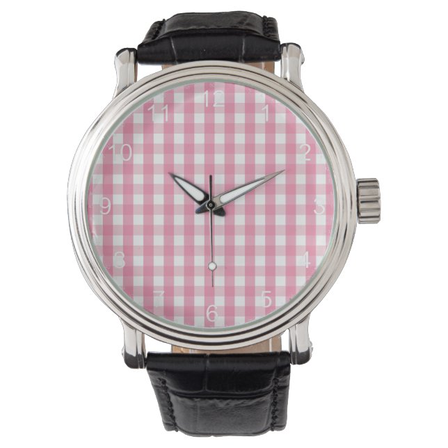 Relógio Padrão de Gingham Cor-de-Rosa e Branco (Frente)