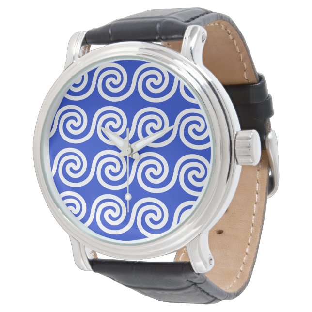 Relógio Padrão de Ondas da Chave Meandro Grega Azul (Angular)