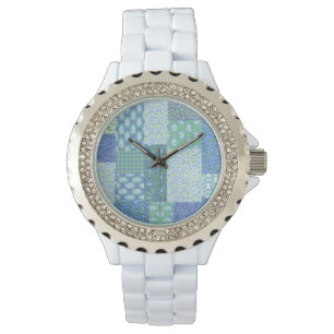 Relógio Padrão de Patchwork Floral Boho Faux do Periwinkle