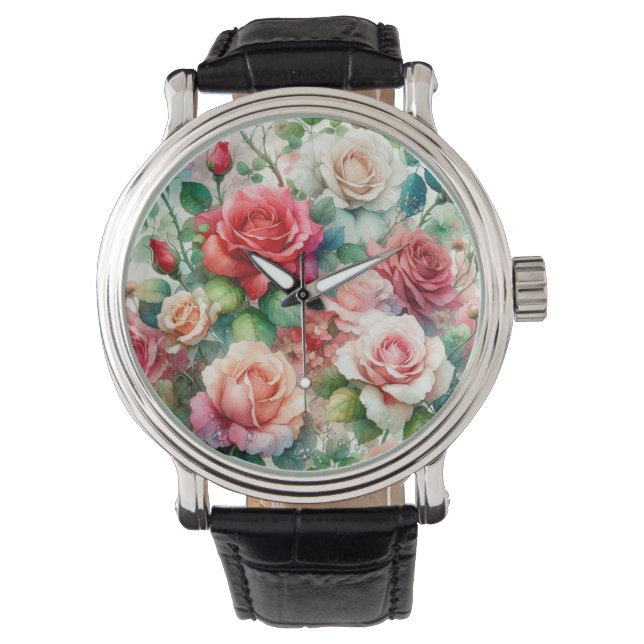 Relógio Padrão de Rosa Whimsical (Frente)