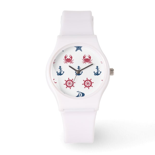 Relógio Padrão de Símbolo Branco Vermelho e Mar Azul (Frente)