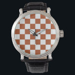 Relógio Padrão de Verificação Branco Castanho<br><div class="desc">Design de Padrão de Quadrados Geométricos Checkered Check Castanho e Branco</div>