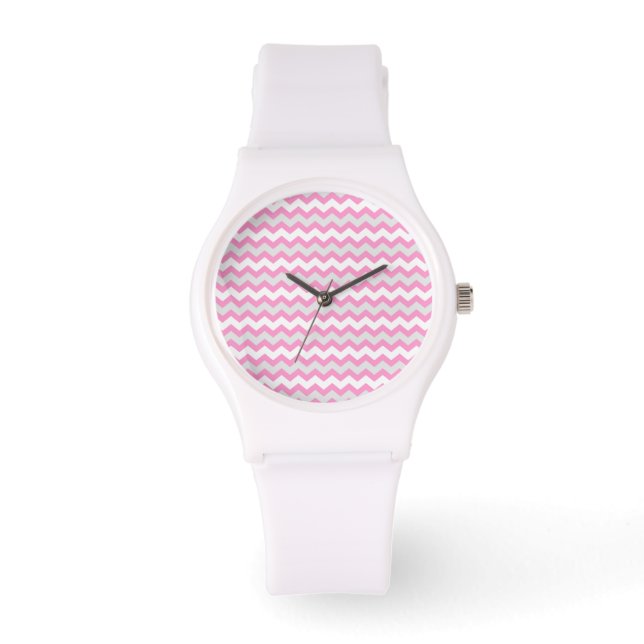 Relógio Padrão de Zag de Cinza e branco cor-de-rosa-chevro (Frente)