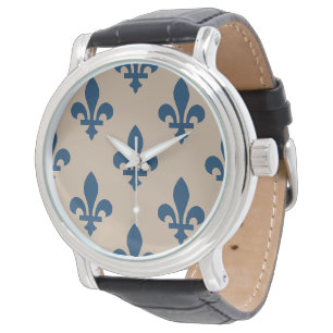 Relógio Padrão Fleur de Lis, Azul Real Francês sobre Creme