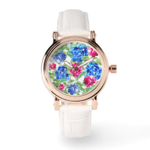 Relógio Padrão Floral Bonito Rosa e Azul Vibrante