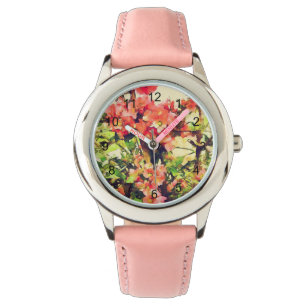 Relógio Padrão Floral de Aquarela Vermelho Rosa 1