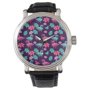 Relógio Padrão Floral de Pato Fofo Kawaii Rosa Azul