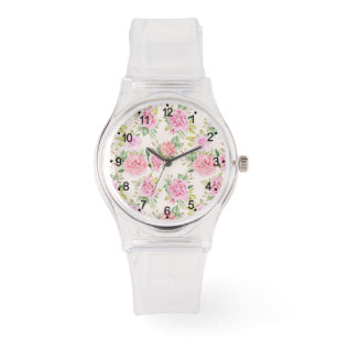Relógio Padrão Floral de Rosa Romântica Elegante