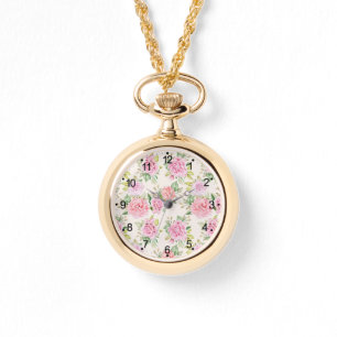 Relógio Padrão Floral de Rosa Romântica Elegante