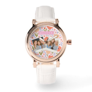 Relógio Padrão floral folclórico fofo rosa personalizado n