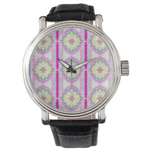 Relógio Padrão Floral Geométrico Rosa Chic e Dourado